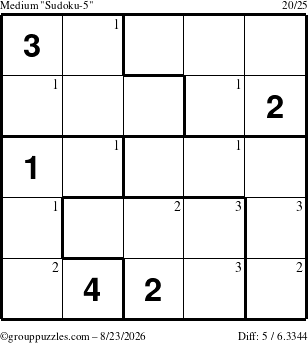 The grouppuzzles.com Medium Sudoku-5 puzzle for Sunday August 23, 2026 with the first 3 steps marked