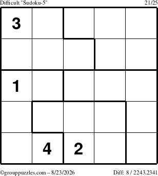 The grouppuzzles.com Difficult Sudoku-5 puzzle for Sunday August 23, 2026