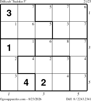 The grouppuzzles.com Difficult Sudoku-5 puzzle for Sunday August 23, 2026 with all 8 steps marked