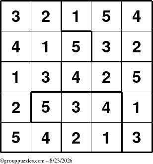 The grouppuzzles.com Answer grid for the Sudoku-5 puzzle for Sunday August 23, 2026