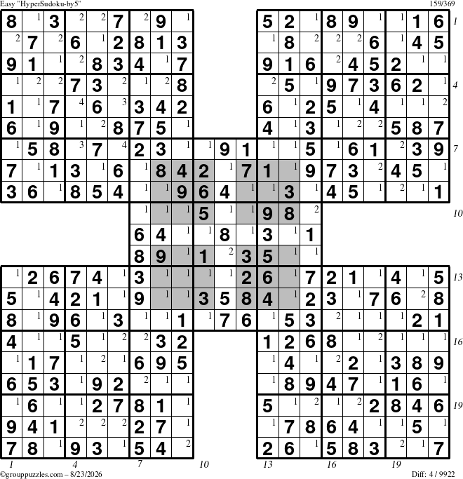 The grouppuzzles.com Easy HyperSudoku-by5 puzzle for Sunday August 23, 2026 with all 4 steps marked