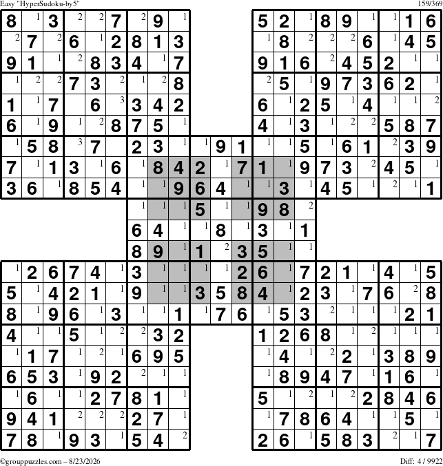 The grouppuzzles.com Easy HyperSudoku-by5 puzzle for Sunday August 23, 2026 with the first 3 steps marked