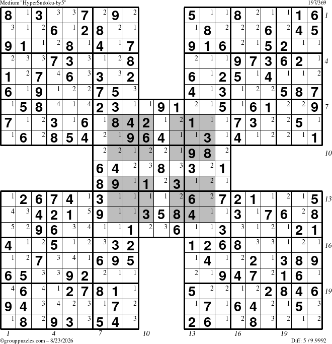The grouppuzzles.com Medium HyperSudoku-by5 puzzle for Sunday August 23, 2026 with all 5 steps marked