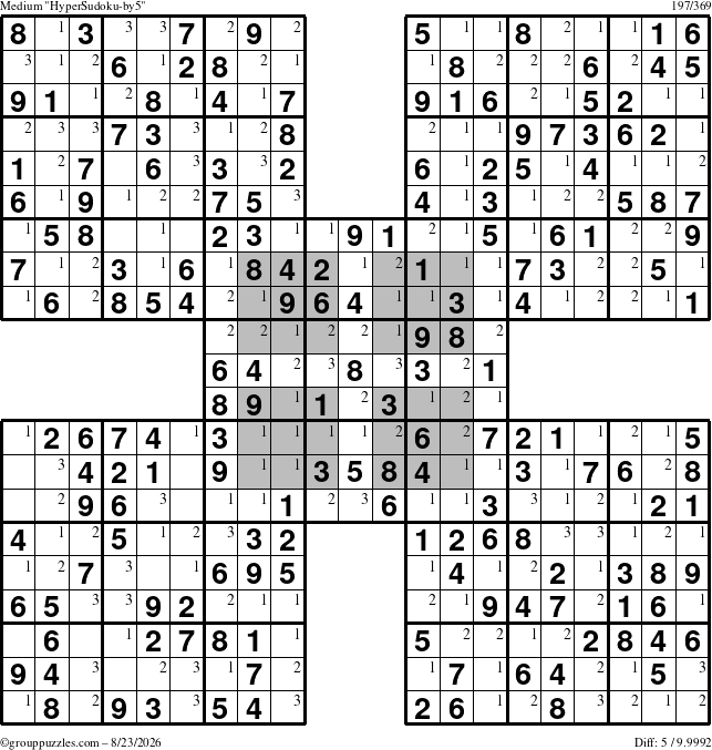 The grouppuzzles.com Medium HyperSudoku-by5 puzzle for Sunday August 23, 2026 with the first 3 steps marked