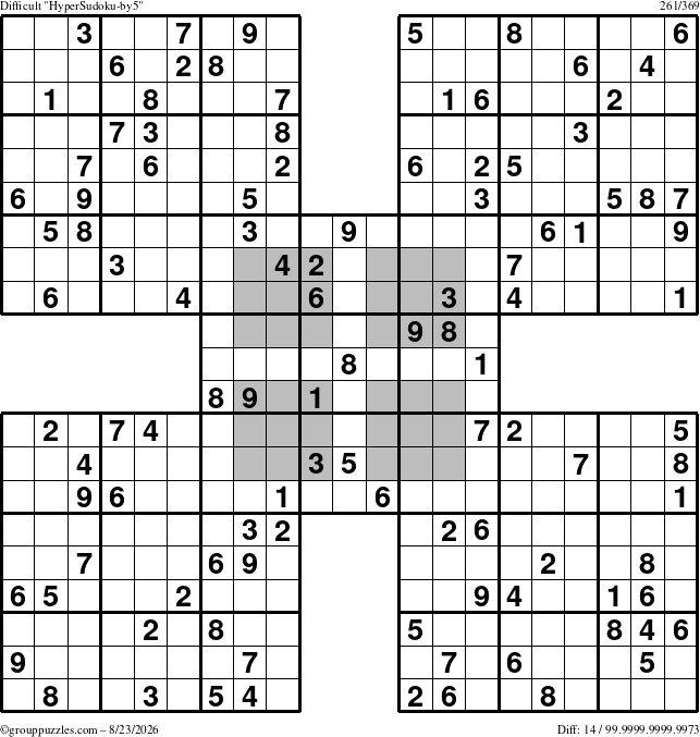 The grouppuzzles.com Difficult HyperSudoku-by5 puzzle for Sunday August 23, 2026