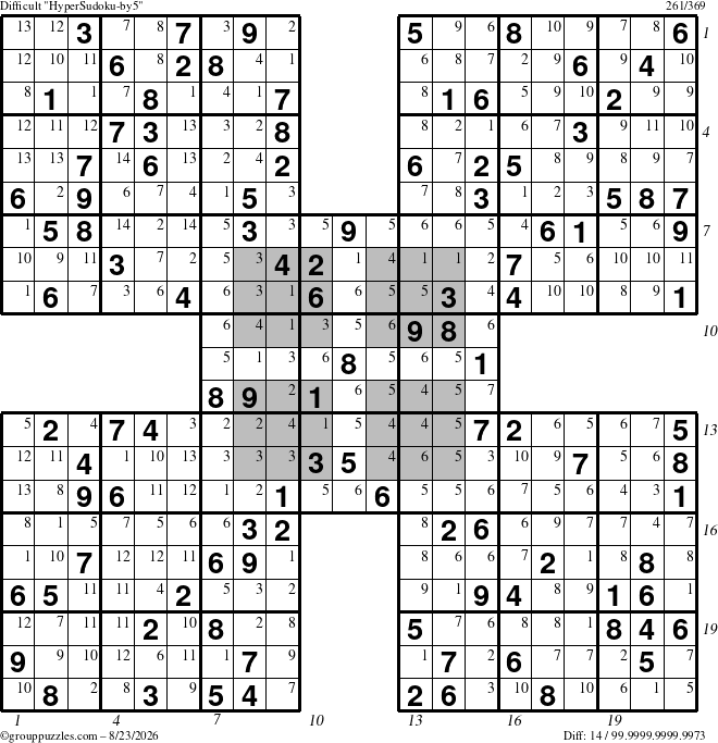 The grouppuzzles.com Difficult HyperSudoku-by5 puzzle for Sunday August 23, 2026 with all 14 steps marked