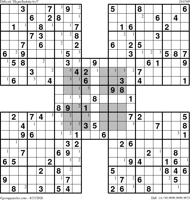 The grouppuzzles.com Difficult HyperSudoku-by5 puzzle for Sunday August 23, 2026 with the first 3 steps marked
