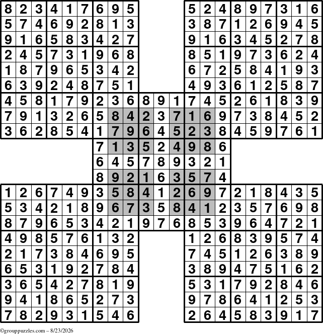 The grouppuzzles.com Answer grid for the HyperSudoku-by5 puzzle for Sunday August 23, 2026