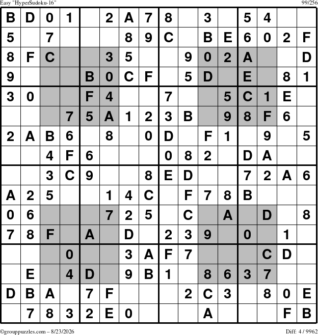 The grouppuzzles.com Easy HyperSudoku-16 puzzle for Sunday August 23, 2026