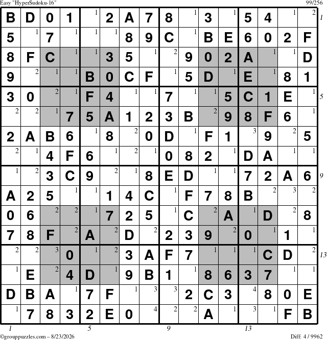 The grouppuzzles.com Easy HyperSudoku-16 puzzle for Sunday August 23, 2026 with all 4 steps marked