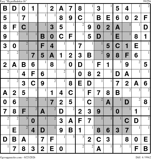 The grouppuzzles.com Easy HyperSudoku-16 puzzle for Sunday August 23, 2026 with the first 3 steps marked
