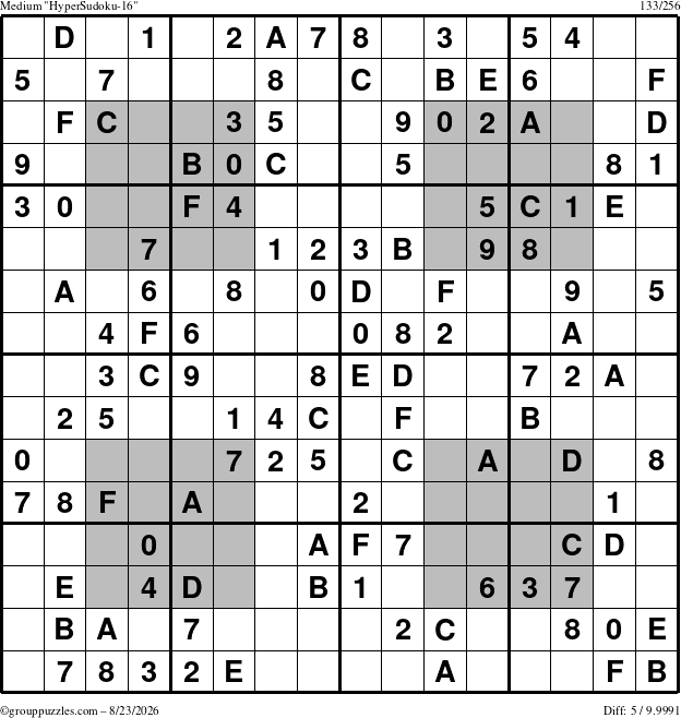 The grouppuzzles.com Medium HyperSudoku-16 puzzle for Sunday August 23, 2026