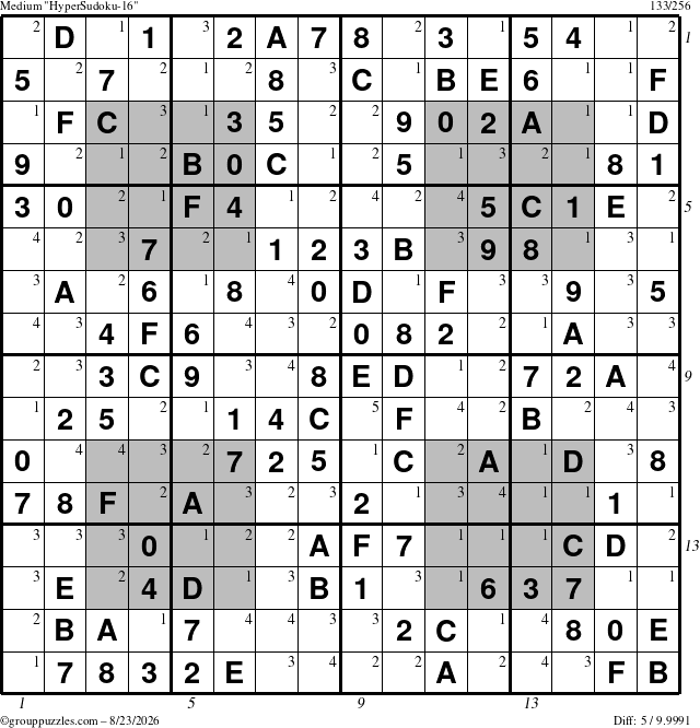 The grouppuzzles.com Medium HyperSudoku-16 puzzle for Sunday August 23, 2026 with all 5 steps marked