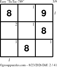 The grouppuzzles.com Easy TicTac-789 puzzle for Sunday August 23, 2026, suitable for printing, with all 2 steps marked