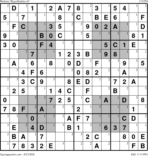 The grouppuzzles.com Medium HyperSudoku-16 puzzle for Sunday August 23, 2026 with the first 3 steps marked