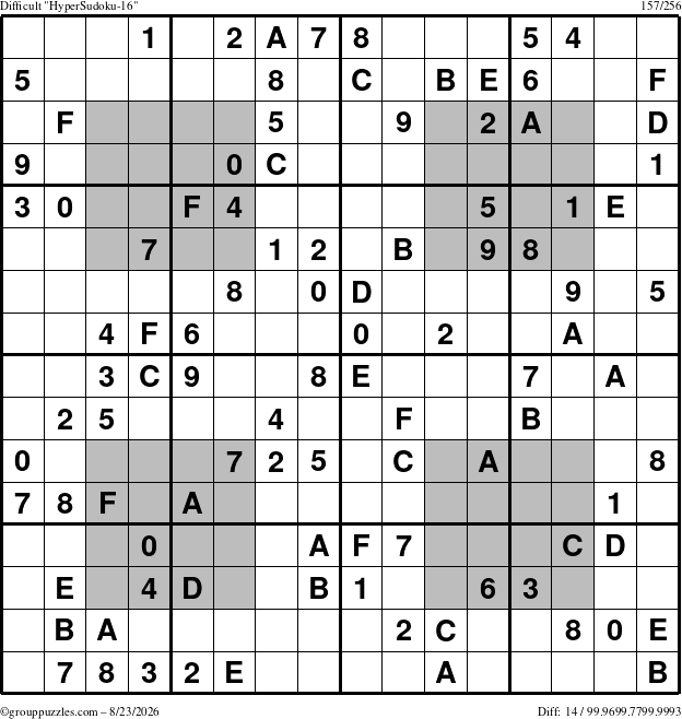 The grouppuzzles.com Difficult HyperSudoku-16 puzzle for Sunday August 23, 2026