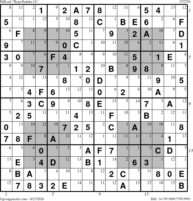 The grouppuzzles.com Difficult HyperSudoku-16 puzzle for Sunday August 23, 2026, suitable for printing, with all 14 steps marked