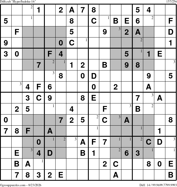 The grouppuzzles.com Difficult HyperSudoku-16 puzzle for Sunday August 23, 2026 with the first 3 steps marked