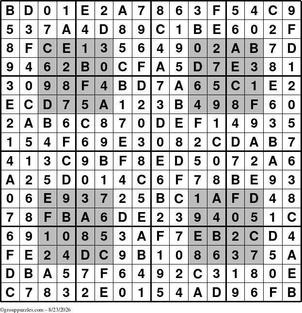 The grouppuzzles.com Answer grid for the HyperSudoku-16 puzzle for Sunday August 23, 2026