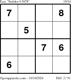 The grouppuzzles.com Easy Sudoku-4-5678 puzzle for Wednesday October 16, 2024