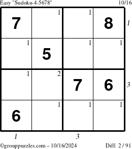 The grouppuzzles.com Easy Sudoku-4-5678 puzzle for Wednesday October 16, 2024 with all 2 steps marked