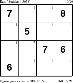 The grouppuzzles.com Easy Sudoku-4-5678 puzzle for Wednesday October 16, 2024 with the first 2 steps marked