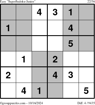 The grouppuzzles.com Easy SuperSudoku-Junior puzzle for Wednesday October 16, 2024