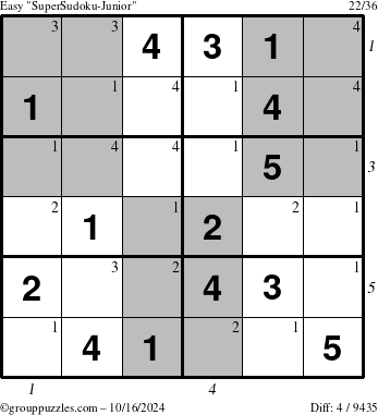 The grouppuzzles.com Easy SuperSudoku-Junior puzzle for Wednesday October 16, 2024 with all 4 steps marked