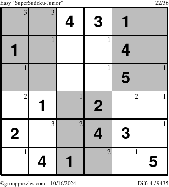 The grouppuzzles.com Easy SuperSudoku-Junior puzzle for Wednesday October 16, 2024 with the first 3 steps marked