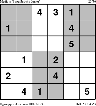 The grouppuzzles.com Medium SuperSudoku-Junior puzzle for Wednesday October 16, 2024