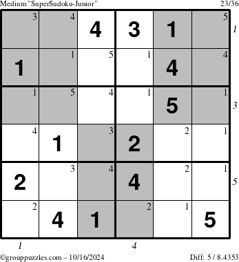 The grouppuzzles.com Medium SuperSudoku-Junior puzzle for Wednesday October 16, 2024 with all 5 steps marked