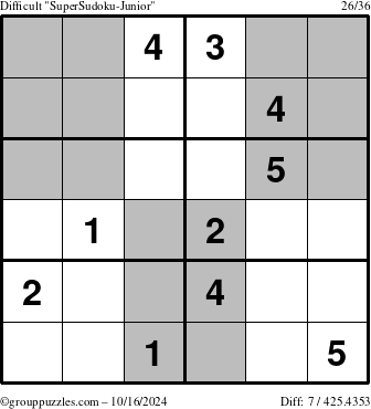 The grouppuzzles.com Difficult SuperSudoku-Junior puzzle for Wednesday October 16, 2024