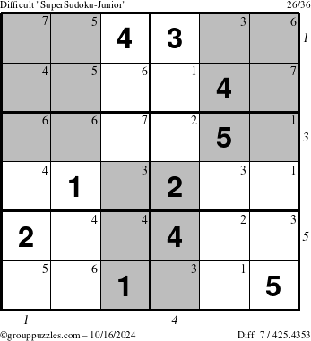 The grouppuzzles.com Difficult SuperSudoku-Junior puzzle for Wednesday October 16, 2024 with all 7 steps marked