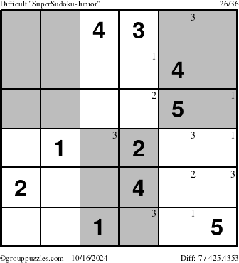 The grouppuzzles.com Difficult SuperSudoku-Junior puzzle for Wednesday October 16, 2024 with the first 3 steps marked