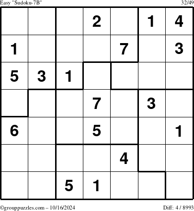 The grouppuzzles.com Easy Sudoku-7B puzzle for Wednesday October 16, 2024