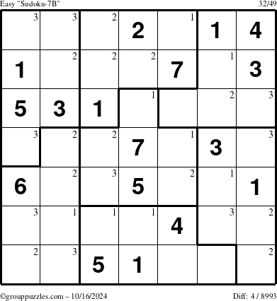 The grouppuzzles.com Easy Sudoku-7B puzzle for Wednesday October 16, 2024 with the first 3 steps marked