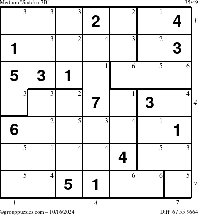 The grouppuzzles.com Medium Sudoku-7B puzzle for Wednesday October 16, 2024, suitable for printing, with all 6 steps marked