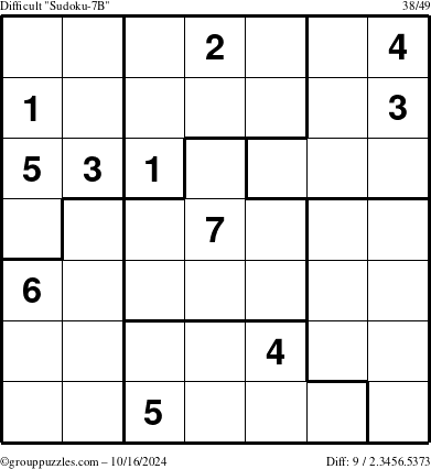 The grouppuzzles.com Difficult Sudoku-7B puzzle for Wednesday October 16, 2024