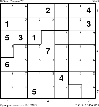 The grouppuzzles.com Difficult Sudoku-7B puzzle for Wednesday October 16, 2024 with all 9 steps marked