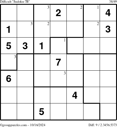 The grouppuzzles.com Difficult Sudoku-7B puzzle for Wednesday October 16, 2024 with the first 3 steps marked