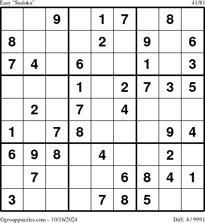 The grouppuzzles.com Easy Sudoku puzzle for Wednesday October 16, 2024