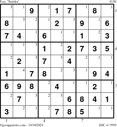 The grouppuzzles.com Easy Sudoku puzzle for Wednesday October 16, 2024 with all 4 steps marked