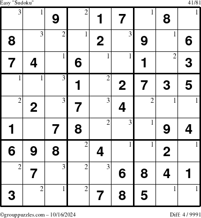 The grouppuzzles.com Easy Sudoku puzzle for Wednesday October 16, 2024 with the first 3 steps marked