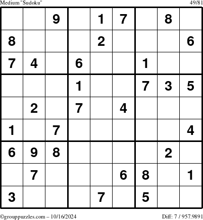 The grouppuzzles.com Medium Sudoku puzzle for Wednesday October 16, 2024