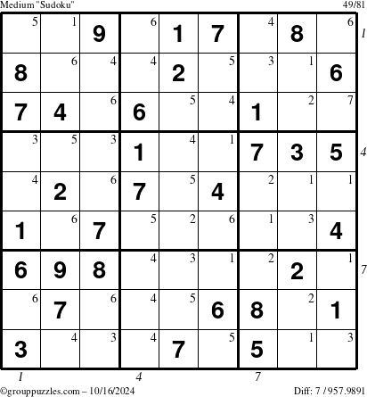 The grouppuzzles.com Medium Sudoku puzzle for Wednesday October 16, 2024 with all 7 steps marked