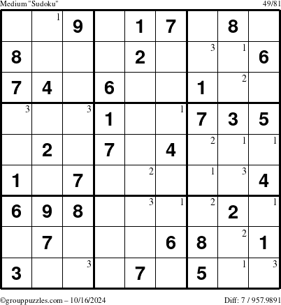 The grouppuzzles.com Medium Sudoku puzzle for Wednesday October 16, 2024 with the first 3 steps marked