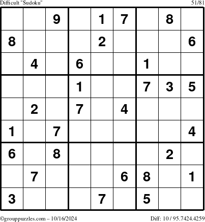 The grouppuzzles.com Difficult Sudoku puzzle for Wednesday October 16, 2024