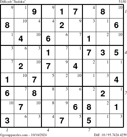 The grouppuzzles.com Difficult Sudoku puzzle for Wednesday October 16, 2024 with all 10 steps marked