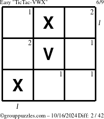 The grouppuzzles.com Easy TicTac-VWX puzzle for Wednesday October 16, 2024 with all 2 steps marked