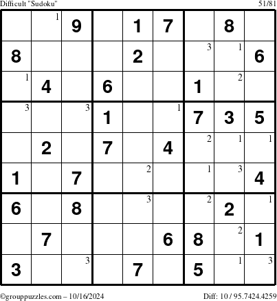 The grouppuzzles.com Difficult Sudoku puzzle for Wednesday October 16, 2024 with the first 3 steps marked